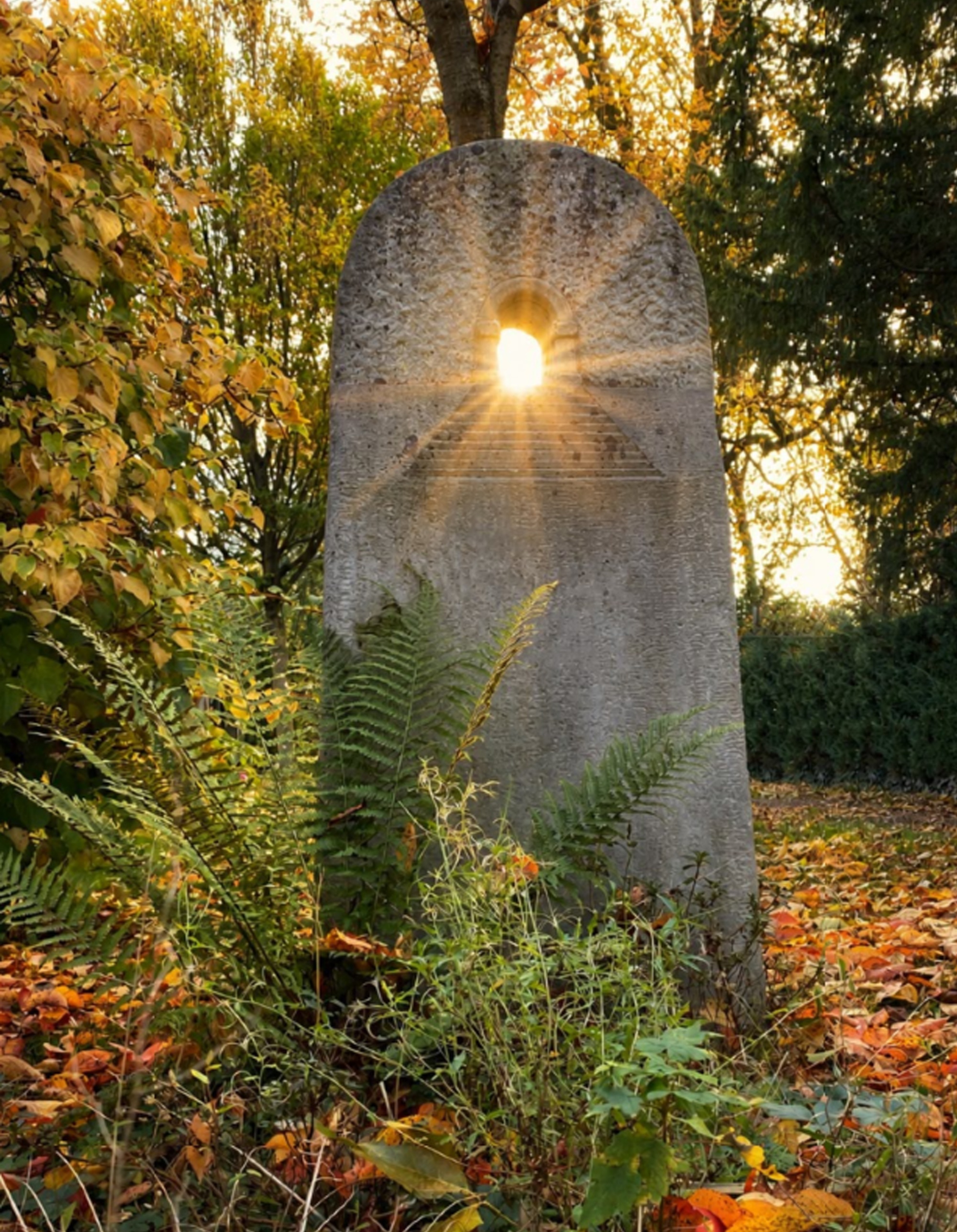 Tod und Leben - Christiane Raabe - Pfarrbriefservice.de (c) Christiane Raabe in: Pfarrbriefservice.de hoher halbrunder Grabstein auf einem Waldfriedhof. Im oberen Drittel des Steins ist ein ovales Loch, durch das die Sonne strahlt